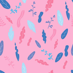 Botanical seamless tropical pattern with  lilac and blue leaves on a light background. Modern abstract design for fabric, paper, interior decor. Beautiful seamless vector flowers