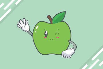 WINK, SMILING, cheerful, Smiling Face Emotion. Waving Hand Gesture. Green Apple Mascot Illustration.