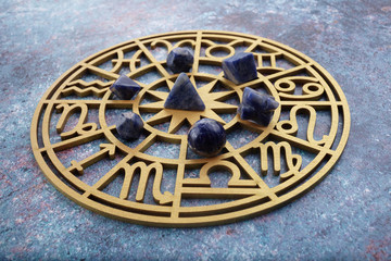 Zodiac signs horoscope circle on dark background. Astrology background.