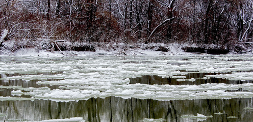 Winter. Ice floes on the river. The river against the background of the forest in the snow. Trees are reflected in the river