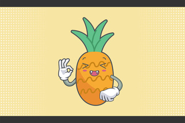 LAUGHING, HAPPY, FUN, cheerful Face Emotion. Nice Hand Gesture. Pineapple Fruit Cartoon Drawn Mascot Illustration.