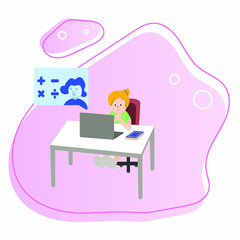 A child studies distance by online with a teacher. Vector illustration.