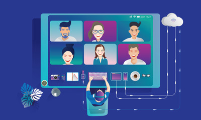 Businessman using Tablet for Video Conferencing at home. Top view of People on computer screen taking with a colleague. Video conferencing and online meeting workspace. Flat vector illustration.