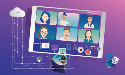 Businesswoman using Tablet for Video Conferencing at home. Top view of People on computer screen taking with a colleague. Video conferencing and online meeting workspace. Flat vector illustration.