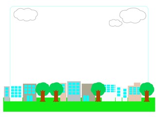 建物がたくさん並んだオフィス街と雲のフレーム