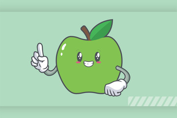 SMILING, HAPPY, GRIN SMILE Face Emotion. Forefinger Hand Gesture. Green Apple Cartoon Mascot Illustration