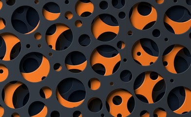 Abstract background with cut out circles of different sizes in paper cut style. Layered 3d backdrop with round holes. Vector card illustration in dark grey and orange shapes cut out from cardboard.