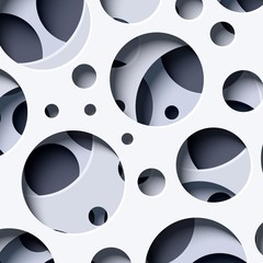 Abstract background with cut out circles of different sizes in paper cut style. Layered 3d backdrop with round holes. Vector card illustration in white and light grey shapes cut out from cardboard.