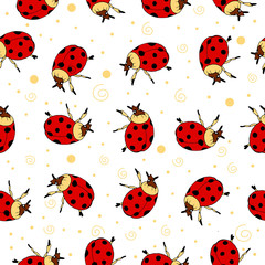 Seamless pattern with a ladybug on a white background. Vector illustration with ladybug. Design of packaging paper for children. Printing on fabrics, clothing, and dresses. Doodle style. 