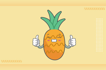 FRUSTRATED, GRIN SMILE, NERVOUS Face Emotion. Double Thumb Up Hand Gesture. Pineapple Fruit Cartoon Drawn Mascot Illustration.