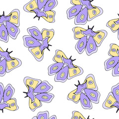 Seamless pattern of a bright butterfly on a white background. Vector illustration with butterflies. Design of packaging paper for children. Printing on fabrics, clothing, and dresses. Doodle style.