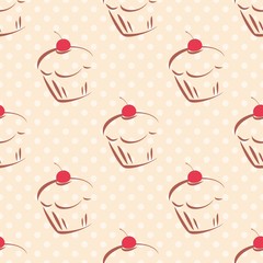 Seamless vector pattern or texture with red cherry cupcakes and white polka dots on pink background. Hand drawn muffins and sweet cake dessert background for desktop wallpaper, culinary blog website