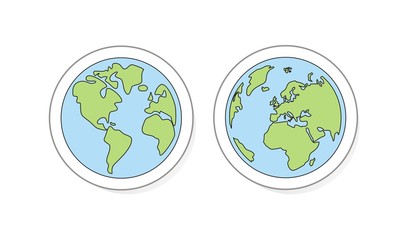 Hand drawn vector planet earth illustration with both globes, America, Asia, Europe and Africa. Ecology icon or sign in green and blue color - simply doodle flat design element.