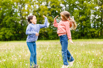 Fototapeta premium Two adorable girls dancing on the meadow
