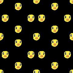 Seamless pattern cartoon style illustration of a yellow duck head with a large beak with large eyes on a black background for prints. sites, decoration, decor, design, fabric. textile's