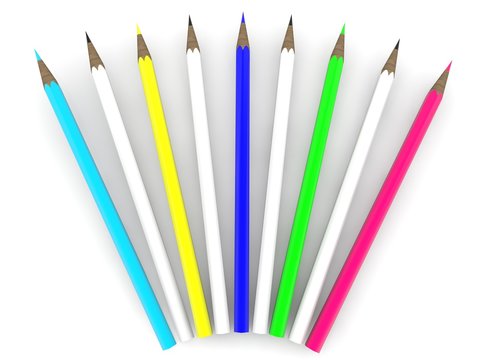 Colored pencils in the form of a fan on a white background
