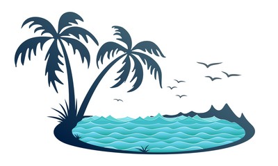 Fototapeta na wymiar Tropical island symbol with sea and palm trees.