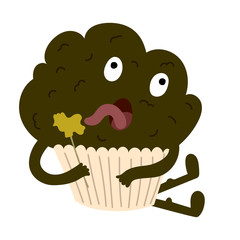 Funny muffin  licking a  candy lollipop in the shape of a rooster. Taste of childhood Russian candycockerel lollipop. Cute cartoon cupcake.