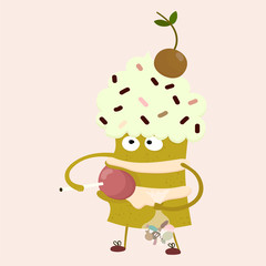 Funny  cake with whipped cream and cherry on top. Cartoon style vector illustration of cake licking a  candy lollipop  and carrying a packet with sweets on white background. Cute dessert's character.