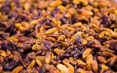 dried raisins on market place closeup