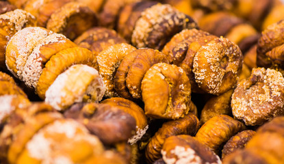 dried sweet fruits on market shelf closeup