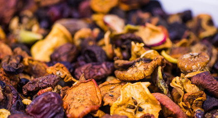 dried sweet fruits on market shelf closeup