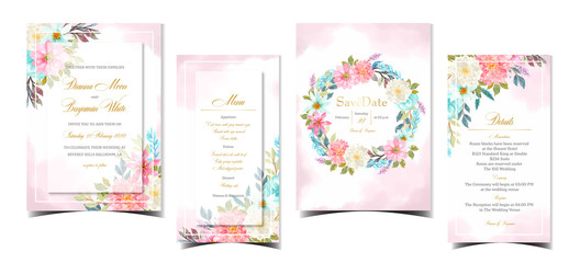 set of gorgeous abstract wedding invitation with colorful flowers