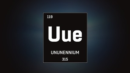 3D illustration of Unnunenium as Element 119 of the Periodic Table. Grey illuminated atom design background with orbiting electrons. Design shows name, atomic weight and element number 