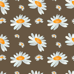 Cute square silent pattern daisy flower. Textural digital art on a brown background. Print for fabrics, clothes, wrapping paper, cards, packaging, banners, children's textiles and books.