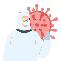 person with biohazard suit protection and particle covid 19 vector illustration design