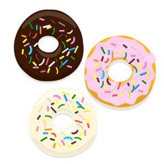 Vector illustration of donuts in chocolate and pink glaze on a white