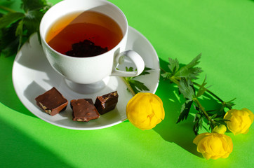 A Cup of black tea, pieces of chocolate and yellow flowers of the Trollius europaeus on a green...