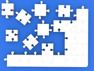 Unfinished white puzzle on a blue background