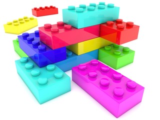 Toy bricks of different colors are stacked in different ways