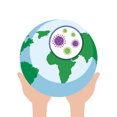 hands and planet earth with covid19 particles vector illustration design