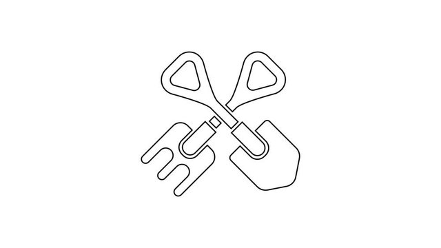 Black line Shovel and rake icon isolated on white background. Tool for horticulture, agriculture, gardening, farming. Ground cultivator. 4K Video motion graphic animation