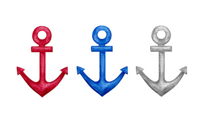 Three color watercolor decorative anchors. Hand drawn nautical (marine) illustration. Elements for design print, card, invitation, posters, patterns, banners. Isolated on white background. Sea theme.