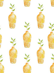 Seamless pattern of watercolor flowers in a pot.