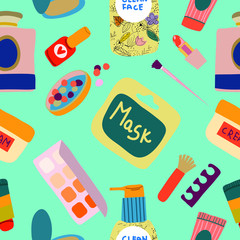 Seamless patterns and hand drawn texture. Body and face care. Beauty routine. Various cosmetics. Cartoon style and flat design.