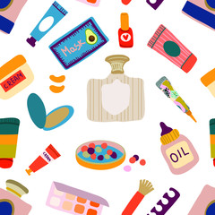 Seamless pattern and hand drawn texture. Body and face care. Beauty routine. Various cosmetics. Cartoon style and flat design. Transparent background

