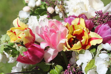 Beautiful spring flowers. Bouqet of pink, yellow,white tulips