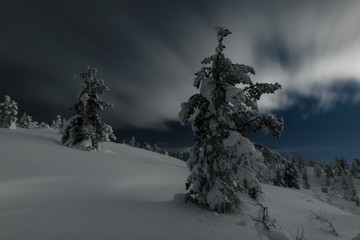 Night winter landscape in the Arctic on top of a hill in the vicinity of Kandalaksha