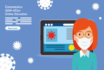 education online with woman using face mask vector illustration design