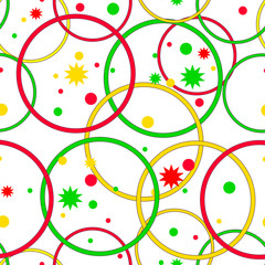 Seamless bright pattern. Multicolored circles, rings, stars. 