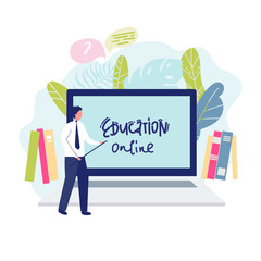 Vector online education illustration of teacher man look like school board. on notebook background. Online education background. Online education concept. flat