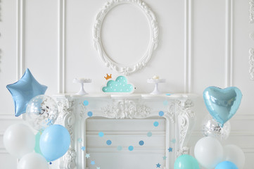 Beautiful decorations for birthday party. A lot of balloons blue and white colors. 