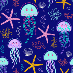 Under the sea. Seamless vector pattern with neon jellyfish, water plants and shells.  - 350681568