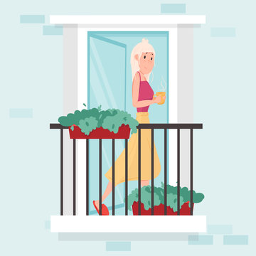 Neighborhood, stay home concept. Woman with cup of hot drink look out of balcon an apartment building. Life in big cities. Social isolation during epidemic. Cute vector illustration in a flat style