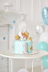 Beautiful decorations for birthday party. A lot of balloons blue and white colors. 
