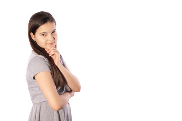 Fototapeta premium girl with black hair put her hair to the side and looks forward